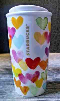 Starbucks Ceramic Travel Tumbler Mug Lid Painted Hearts Design 2015 Valentine - Sold on eBay Jan, 25th 2020 for $19.99