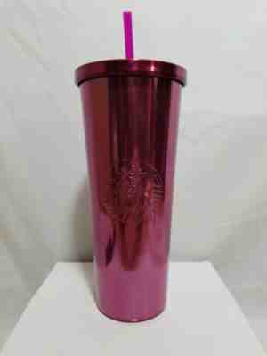 Starbucks Aluminum Tumbler Hot Pink Color  24 Oz. With Straw Metallic Secure Lid - Sold on eBay Jan, 25th 2020 for $27.99