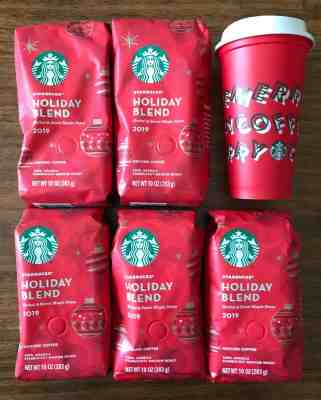 Lot of 5 Starbucks Holiday Blend 2019 Ground Coffee 10oz Bags Bonus Reusable Cup - Sold on eBay Jan, 27th 2020 for $44.99