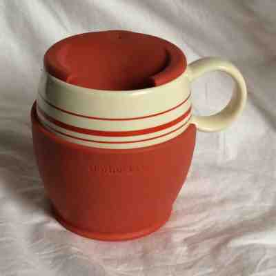 Starbucks 2004  White with Red Stripes Silicone Holder and Lid Mug Cup 15oz EUC - Sold on eBay Jan, 27th 2020 for $22.99