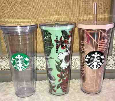 Starbucks Lot of 3 24oz Tall Tumbler Cups Floral Pink Clear All VGCondition - Sold on eBay Jan, 28th 2020 for $49.95