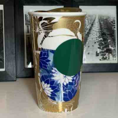 STARBUCKS 2014 Travel Mug Green Dot Blue Beetle Gold Flower w/ Lid  Excellent UC - Sold on eBay Jan, 28th 2020 for $18.18