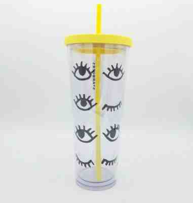 Starbucks Venti 24 fl oz Wink Eyes Lashes Cold Drink Tumbler Yellow Lid Straw - Sold on eBay Jan, 28th 2020 for $19.99