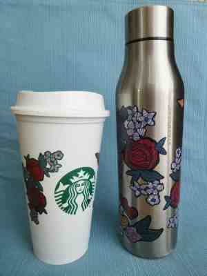 New STARBUCKS Love Heart Rose Retro Tattoo Stainless Water Bottle & Reusable Cup - Sold on eBay Jan, 28th 2020 for $27.95