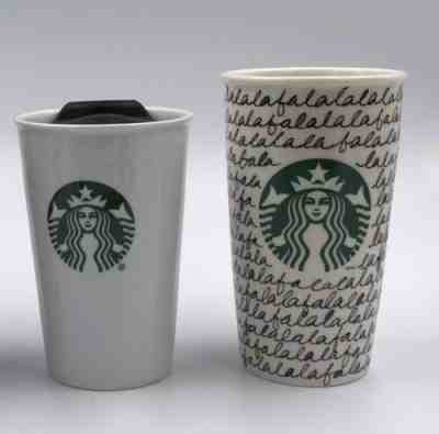 TWO Starbucks Insulated Ceramic Travel Mugs Holiday 2011 FALALA Share One Lid - Sold on eBay Jan, 28th 2020 for $19.99