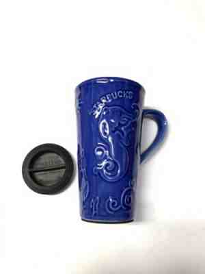 STARBUCKS Coffee Chaleur Siren Mermaid Ceramic Tall Travel Mug + Lid Cobalt Blue - Sold on eBay Jan, 28th 2020 for $16.35