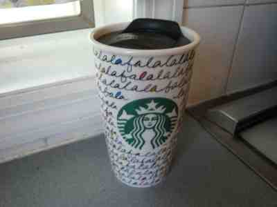 NWT STARBUCKS 2011 HOLIDAY FA LA LA 12 OZ CERAMIC TRAVEL TUMBLER W/LID  - Sold on eBay Jan, 26th 2020 for $19.60