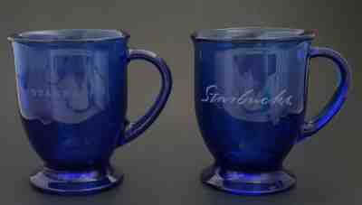 Vintage Pair of Cobalt Blue Glass Coffee Mugs Pedestal Anchor Hocking Chip  Free 