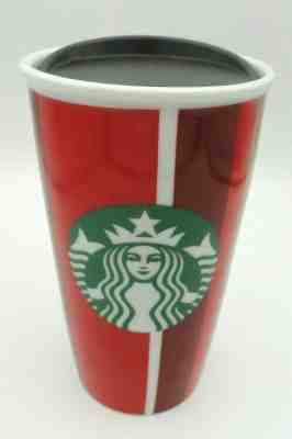 New Starbucks 2018 Holiday Red Striped Ceramic Hot Travel Mug Tumbler 12 fl oz - Sold on eBay Jan, 28th 2020 for $19.99