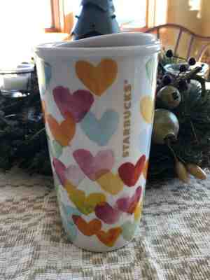 Watercolor Hearts Starbucks 2015 Travel Ceramic 10oz Mug Tumbler Rainbow Colors - Sold on eBay Jan, 28th 2020 for $24.00