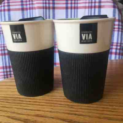 2 Starbucks VIA Ready Brew Bone China Tumblers Rubber Grip Lid 2011 Travel Mugs - Sold on eBay Jan, 28th 2020 for $38.99