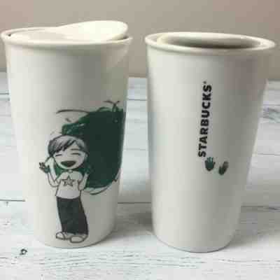 2 Starbucks Ceramic Travel Coffee Tumbler Cups With Lid Scribble Mug White 12oz - Sold on eBay Jan, 30th 2020 for $39.99