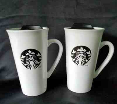 2  STARBUCKS  WHITE CERAMIC BLACK MERMAID LOGO TRAVEL MUGS with LID & HANDLE SET - Sold on eBay Jan, 29th 2020 for $53.00