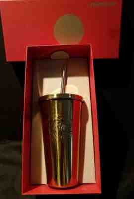 Starbucks  GOLD TRAVEL TUMBLER WITH LID AND STRAW   FOR COLD BEVERAGES ONLY - Sold on eBay Jan, 31st 2020 for $38.00