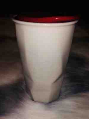 Starbucks Double Wall Faceted White Chiseled Ceramic Tumbler 10 oz Red Lid - Sold on eBay Jan, 31st 2020 for $18.99