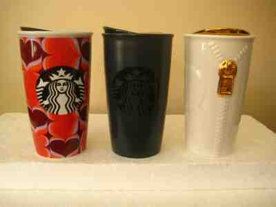 Set 3 STARBUCKS Ceramic Travel Mugs Tumblers Hearts, Gold Zipper, Slate Gray - Sold on eBay Feb, 1st 2020 for $40.00