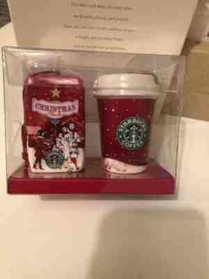 NEW STARBUCKS Old Logo 2007 Christmas Blend Coffee Red Cup Duo Ornament Set  - Sold on eBay Feb, 1st 2020 for $15.00