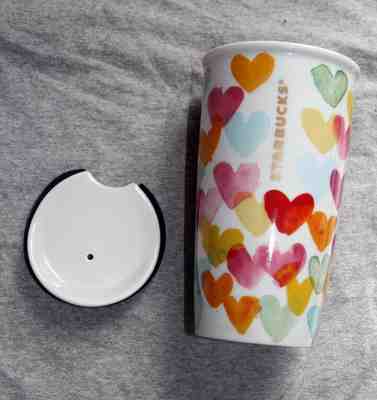 Watercolor Hearts Starbucks 2015 Travel Ceramic 10oz Mug Tumbler Rainbow Colors - Sold on eBay Feb, 1st 2020 for $21.00