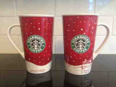 Set of 2 Red Starbucks Christmas Tall Mugs/Cups with Holiday Ice Skating & Snow - Sold on eBay Feb, 1st 2020 for $29.95
