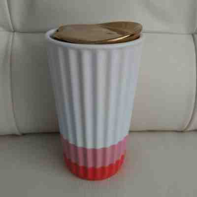 Starbucks Ceramic Travel Mug Tumbler 10 oz Coffee Cup White Pink Red Gold  - Sold on eBay Feb, 1st 2020 for $24.89
