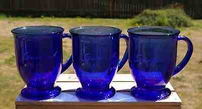 Vintage Pair of Cobalt Blue Glass Coffee Mugs Pedestal Anchor Hocking Chip  Free 