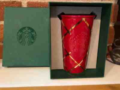 NIB Starbucks Red Gold Striped Ceramic Travel Mug Tumbler 10oz 2016 Holiday  - Sold on eBay Feb, 1st 2020 for $19.99