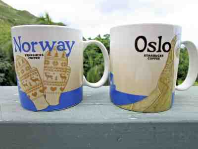 2 Starbucks Mugs Norway Oslo Global Icon Series 16 Oz Coffee Cup 2016 with SKU