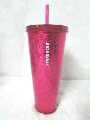 Starbuck's Floral Metallic Foil Dark Pink Cold Cup Tumbler with Straw 24 ounces - Sold on eBay Feb, 2nd 2020 for $39.99