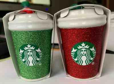 STARBUCKS 2019 HOLIDAY ORNAMENT 2 pc RED & GREEN GLITTER NIB - Sold on eBay Feb, 2nd 2020 for $34.00