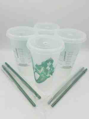 Starbucks Siren  Mermaid Reusable Venti Cold Cups Set of 4 W/ Green Straws - Sold on eBay Feb, 1st 2020 for $31.95
