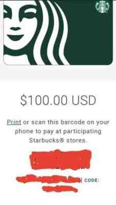 $100 Starbucks Gift card (Selling for $85) - Sold on eBay Feb, 4th 2020 for $85.00
