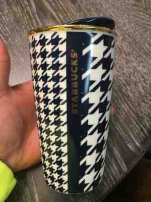 Starbucks Dot Collection Ceramic Tumbler Mug 2015 Blue Gold Houndstooth 12 Oz - Sold on eBay Feb, 3rd 2020 for $22.95