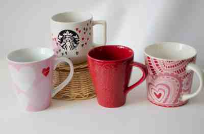 Starbucks Lot of 4 Coffee Tea Mugs Cups, Hearts Red Pink, VALENTINES DAY - Sold on eBay Feb, 3rd 2020 for $41.00