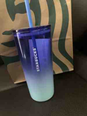 STARBUCKS 18oz BLUE OMBRE DOUBLE GLASS INSULATED TUMBLER W/STRAW - Sold on eBay Feb, 3rd 2020 for $28.55