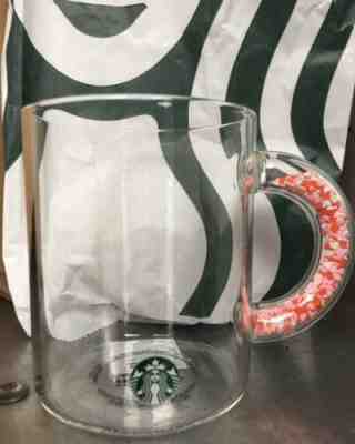New Rare Starbucks 2020 Confetti Hearts Handle Clear Glass Mug Valentines Cup - Sold on eBay Feb, 3rd 2020 for $34.00