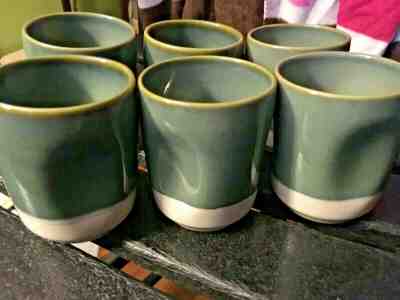 Starbucks 2008 Set of 6 Green White Pottery Coffee Cups Indented Sides 8 Oz NICE - Sold on eBay Feb, 3rd 2020 for $45.00