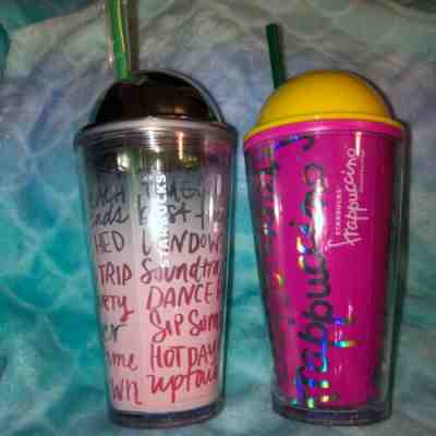 New Starbucks 2014 Frappucino Tumbler Pink Silver Lid 16oz +bonus yellow =2 Cups - Sold on eBay Feb, 5th 2020 for $44.00