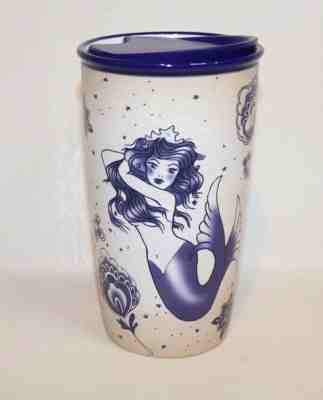 Starbucks 2016 Sailor Tattoo Mermaid Ceramic Tumbler 12oz lid blue travel mug - Sold on eBay Feb, 5th 2020 for $59.99