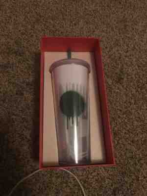 STARBUCKS 2014 Cold Cup Travel Tumbler Clear White Green Dot Paint Drip 24 OZ - Sold on eBay Feb, 5th 2020 for $20.00