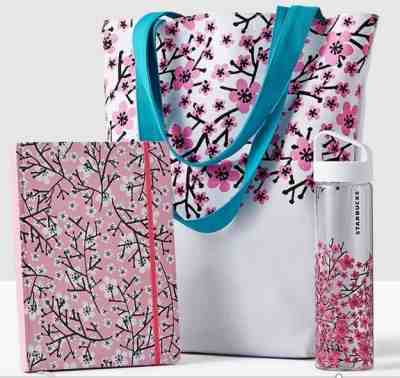 Starbucks 2017 CHERRY BLOSSOMS Out and About Set-tote bag, notebook,water bottle - Sold on eBay Feb, 7th 2020 for $39.99