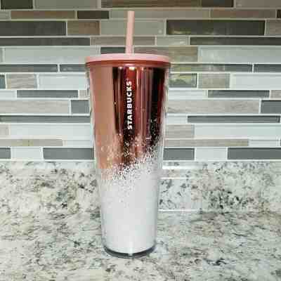 Starbuck Tumbler Rose Gold Pink White Bling Glitter 2019 Holiday Winter Cold Cup - Sold on eBay Feb, 6th 2020 for $38.00