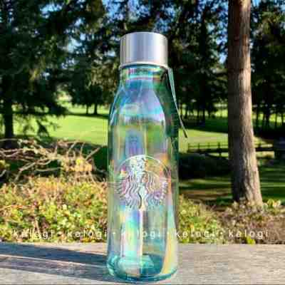 2019 STARBUCKS Embossed Siren IRIDESCENT Rainbow RECYCLED GLASS WATER BOTTLE LE - Sold on eBay Feb, 6th 2020 for $39.39