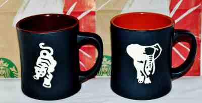 Starbucks Set Of 2 Matte Black Laser Etched Mugs Kenya Elephant & Sumatra Tiger