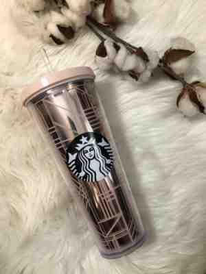 Starbucks Venti Cup Tumbler Rose Gold Geometric 24 Oz Metallic With Straw - Sold on eBay Feb, 10th 2020 for $30.00