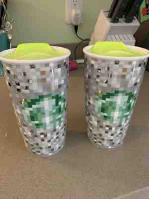 TWO!! Starbucks 2012 Rodarte Ceramic Pixel Tumbler Travel Mug 12 oz Cup With lid - Sold on eBay Feb, 13th 2020 for $40.00