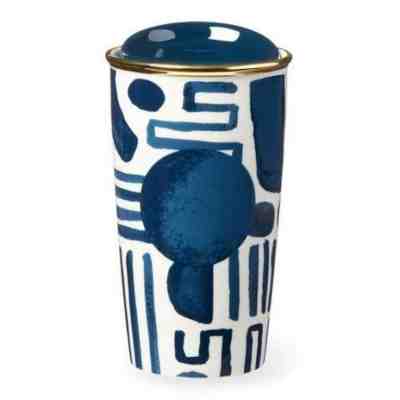 Starbucks Traveler Tumbler Mug Geometric Pattern Double Wall Navy Blue Ceramic - Sold on eBay Feb, 12th 2020 for $31.00