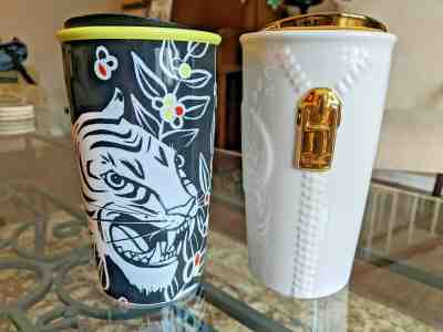 2 Starbucks Ceramic Tumblers Travel Mug - Sumatra Tiger & Gold Zipper - Sold on eBay Feb, 12th 2020 for $39.00