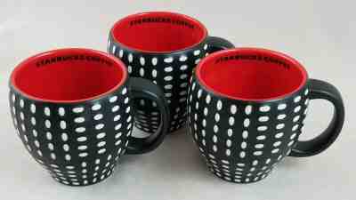 2008 Starbucks Coffee Cup Mug Black & Red w/ White Oval Raised Dots SET OF 3 - Sold on eBay Feb, 11th 2020 for $49.99