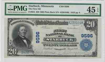 KAPPYS CERTIFIED FR653 PMG45 1902 $20 NATIONAL BANK OF STARBUCKS MINNESOTA NOTE - Sold on eBay May, 27th 2020 for $999.99