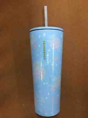 Starbucks Cherry Blossom Blue Floral 2017 Stainless Steel Tumbler Limited 16 Oz 